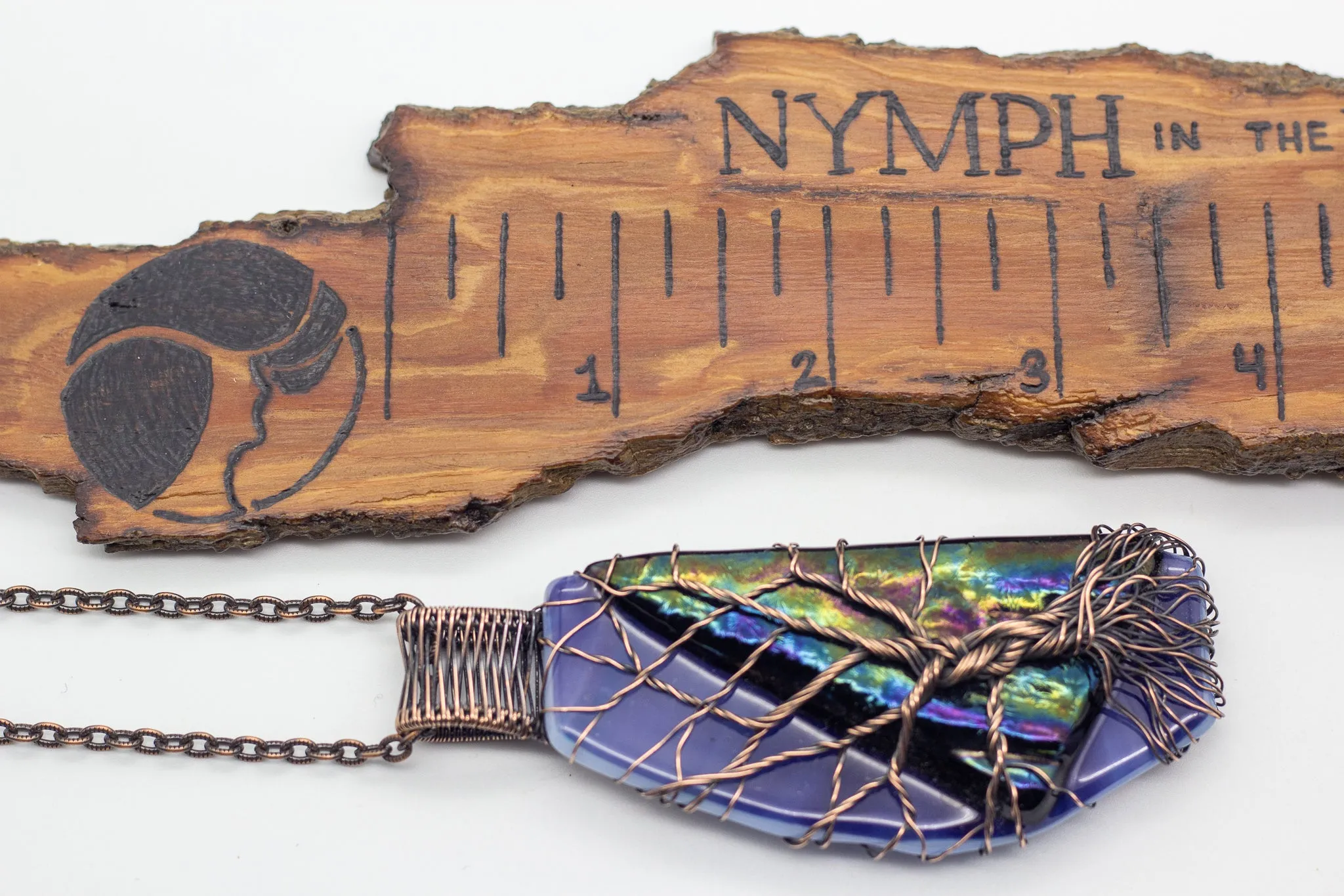 Blue and Multi-color Dichroic Black Fused Glass Pendant with Copper Tree of Life