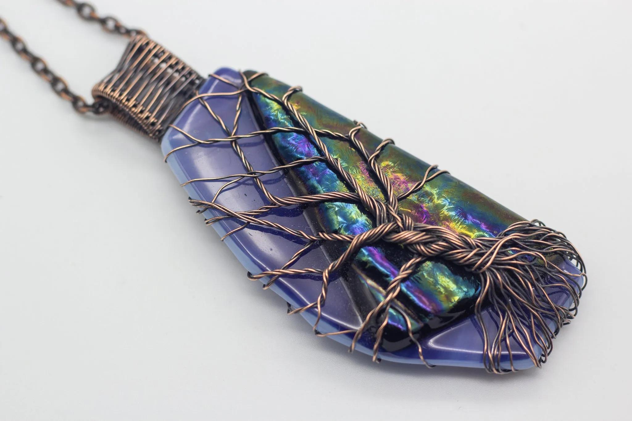 Blue and Multi-color Dichroic Black Fused Glass Pendant with Copper Tree of Life