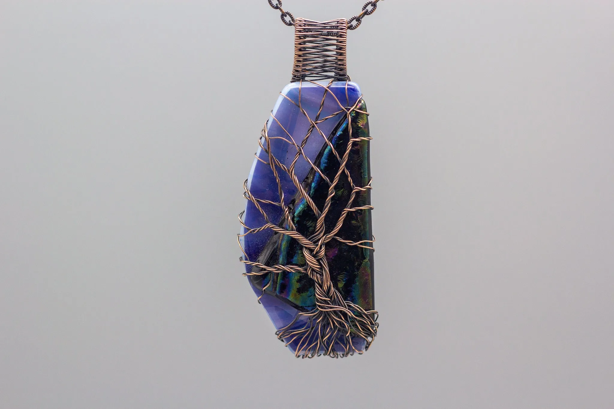 Blue and Multi-color Dichroic Black Fused Glass Pendant with Copper Tree of Life