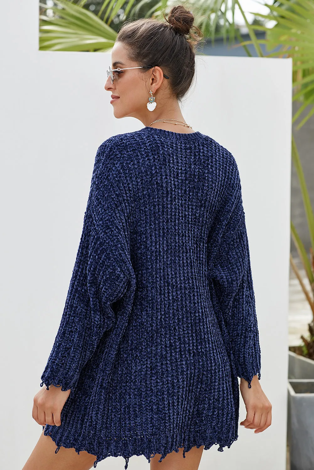 Blue Chenille Knit Destroyed Cardigan Sweater