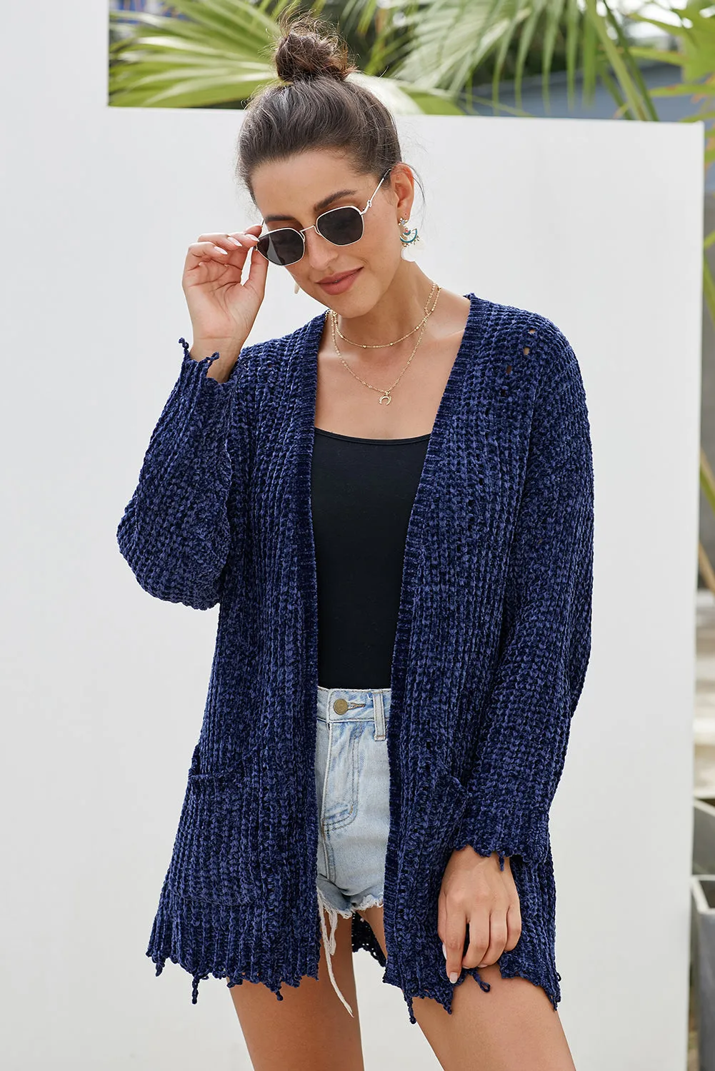 Blue Chenille Knit Destroyed Cardigan Sweater