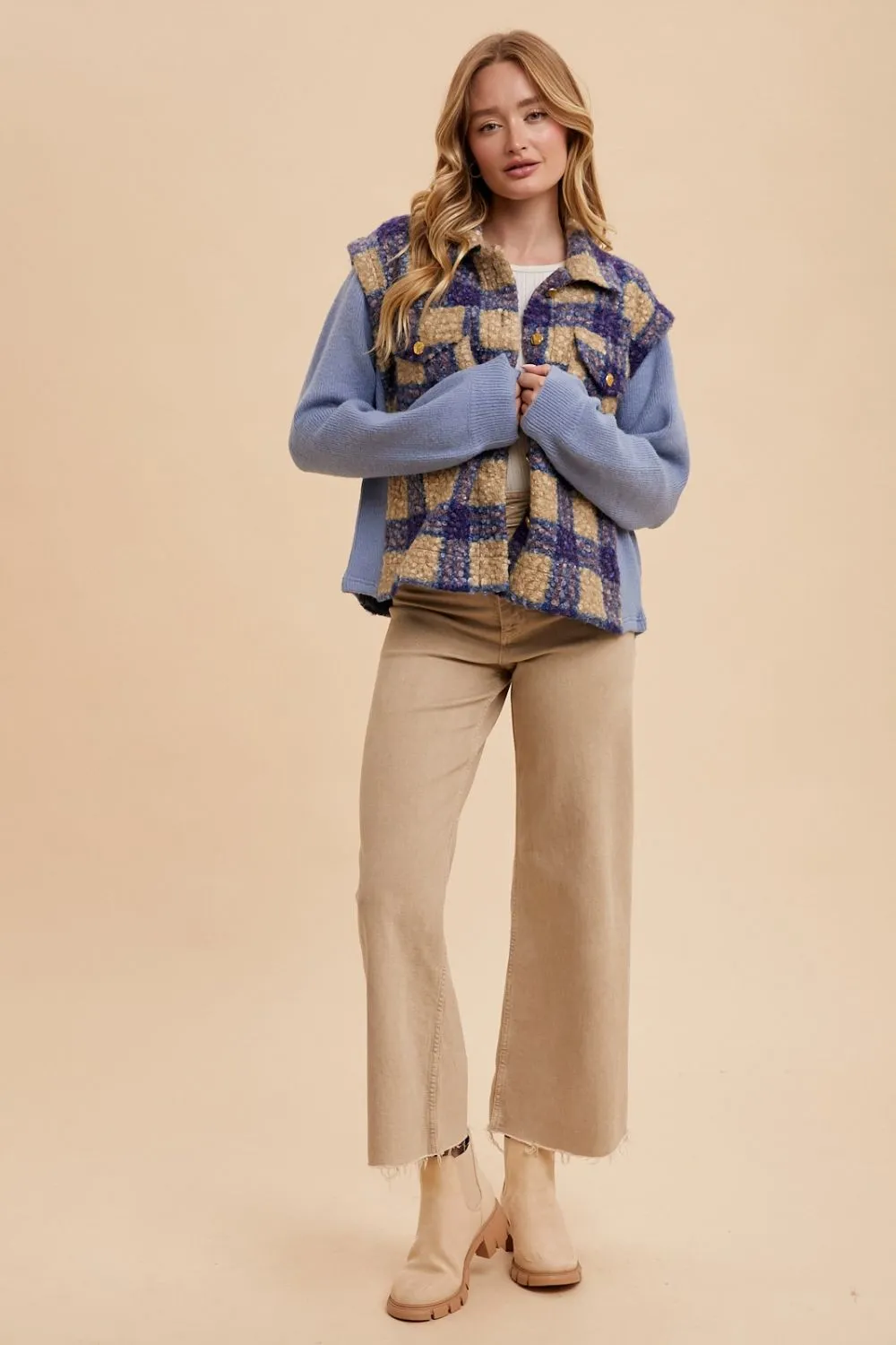 Blue Faux Fur Plaid Button Up Jacket