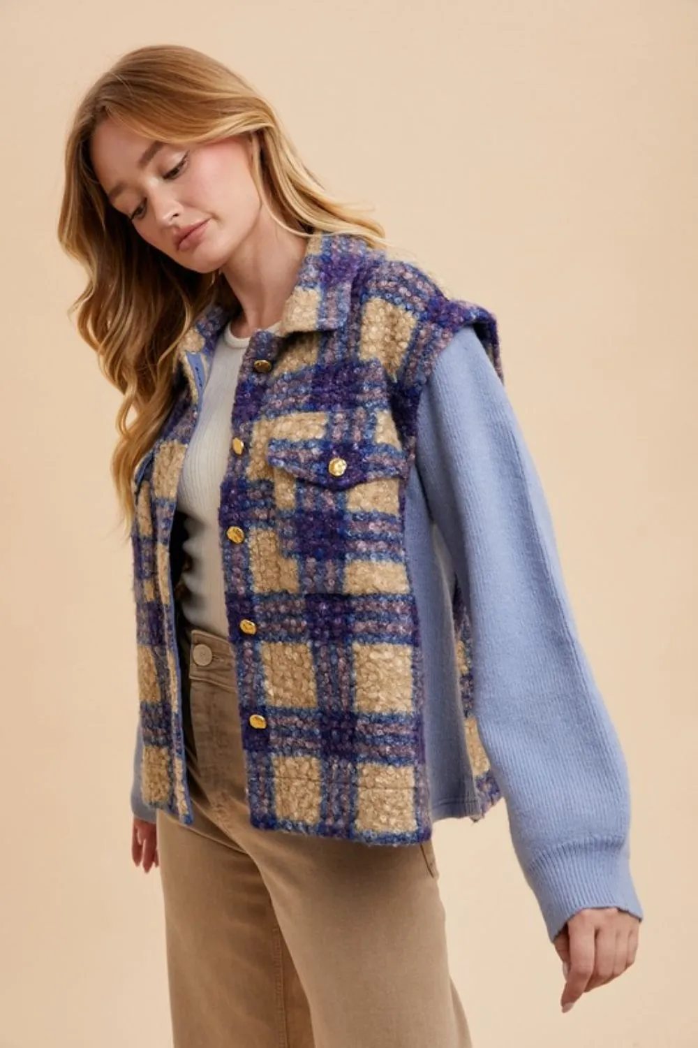Blue Faux Fur Plaid Button Up Jacket