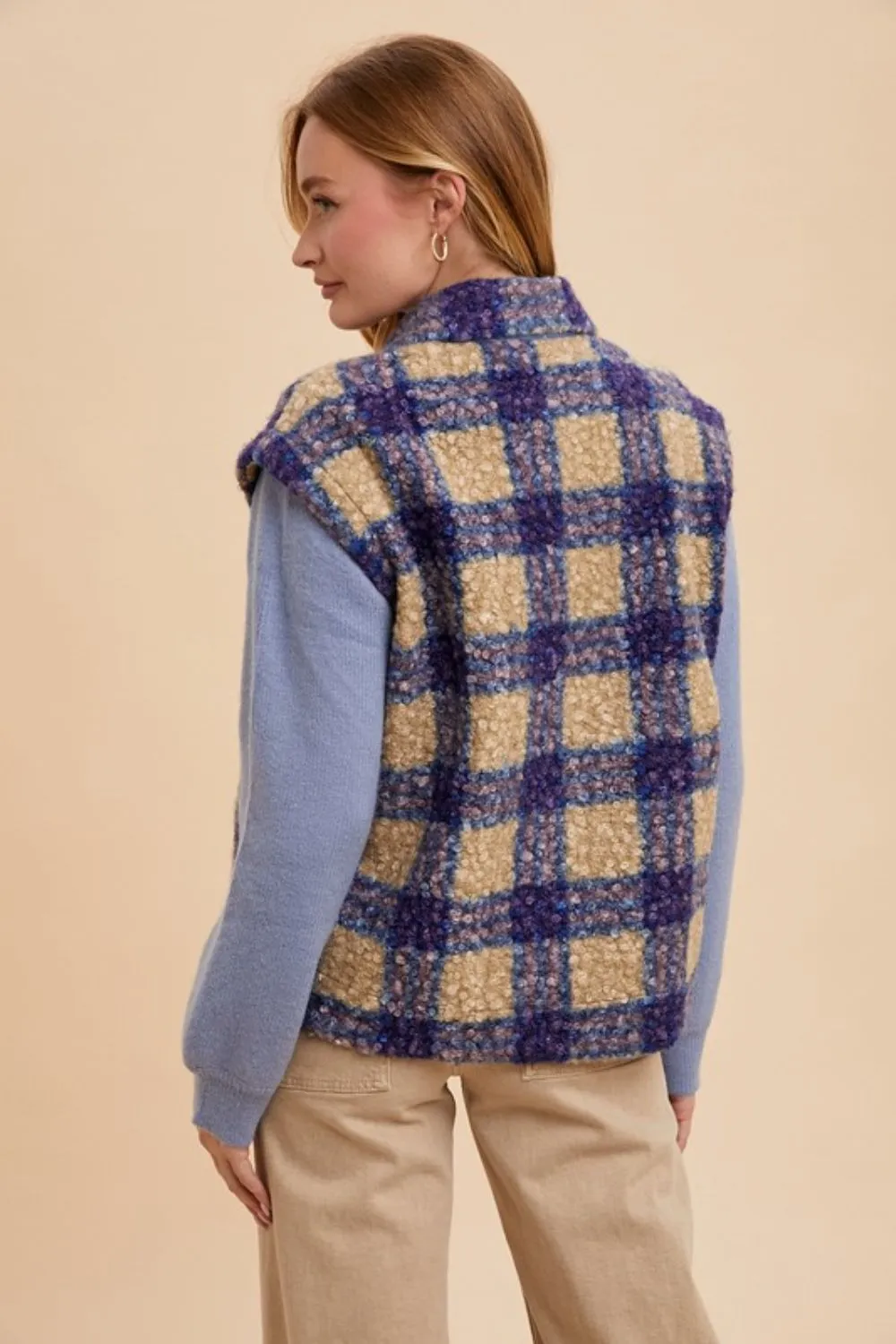 Blue Faux Fur Plaid Button Up Jacket