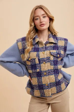 Blue Faux Fur Plaid Button Up Jacket