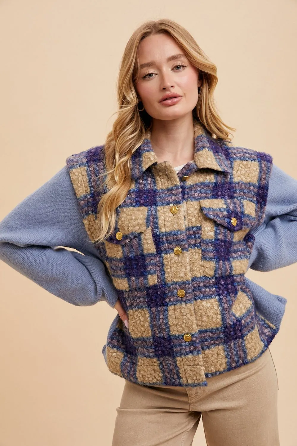 Blue Faux Fur Plaid Button Up Jacket