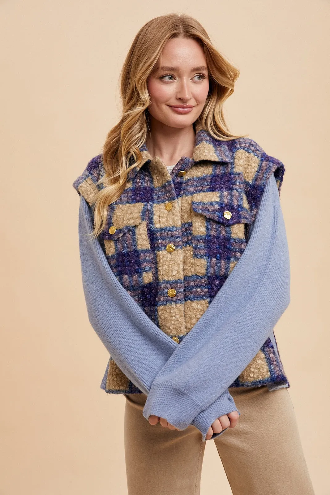 Blue Faux Fur Plaid Button Up Jacket