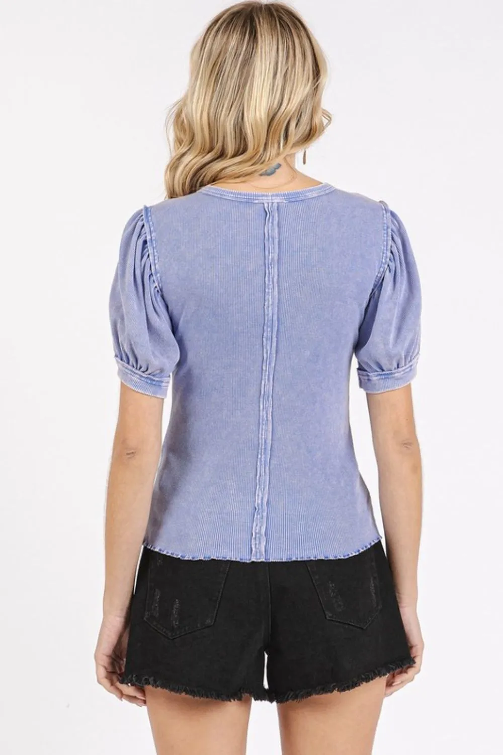 Blue Mineral Wash Puff Sleeve Rib Knit T-Shirt