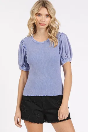 Blue Mineral Wash Puff Sleeve Rib Knit T-Shirt