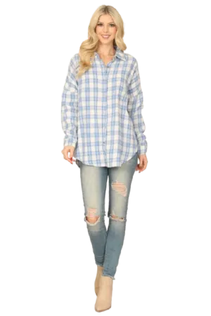 Blue Seamless Plaid Long Sleeve Button Down Top - Pack of 6