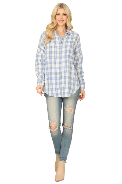 Blue Seamless Plaid Long Sleeve Button Down Top - Pack of 6