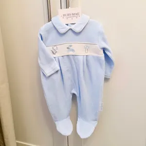 Blue Velour Smock Babygrow - Freddie