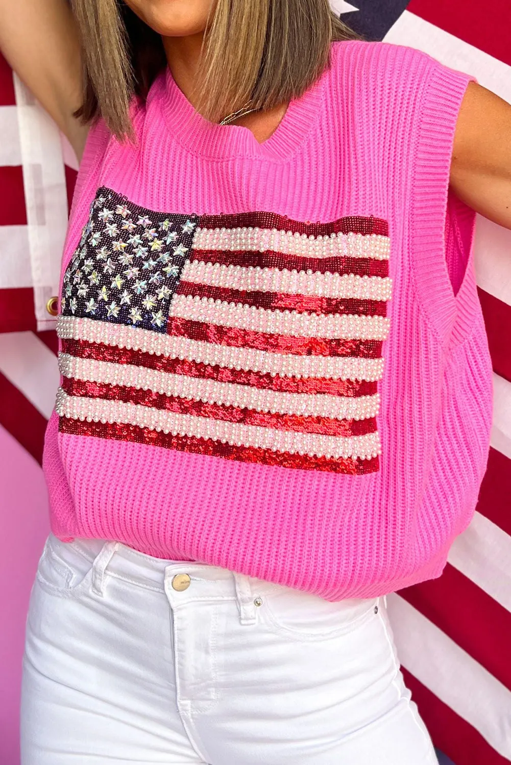 Bonbon American Flag Stud Sequin Pearl Stud Waffle Knit Tank Top