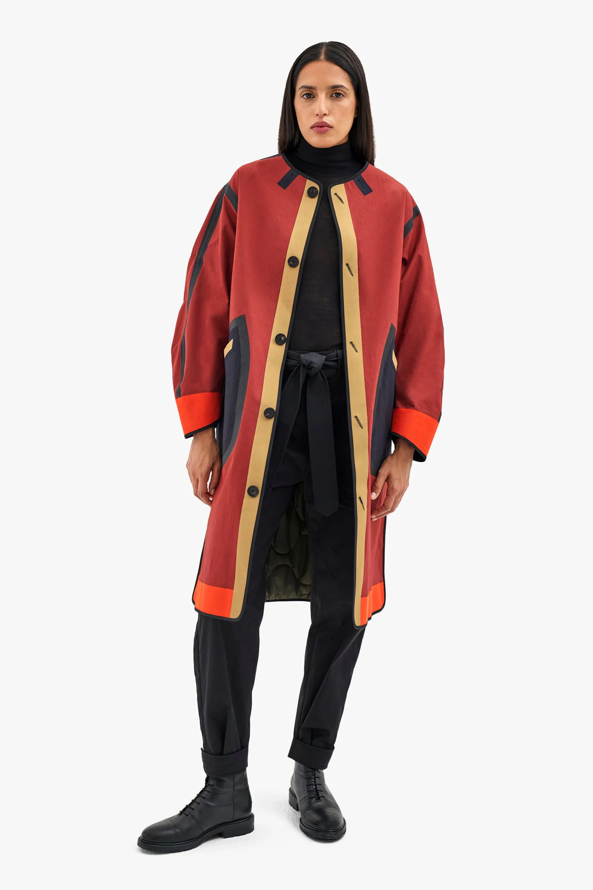 Bonded Patchwork Raincoat - Black / Russett
