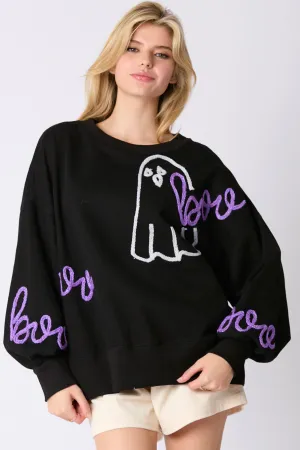 Boo & Ghost Thread Embroidery Oversized Sweatshirt