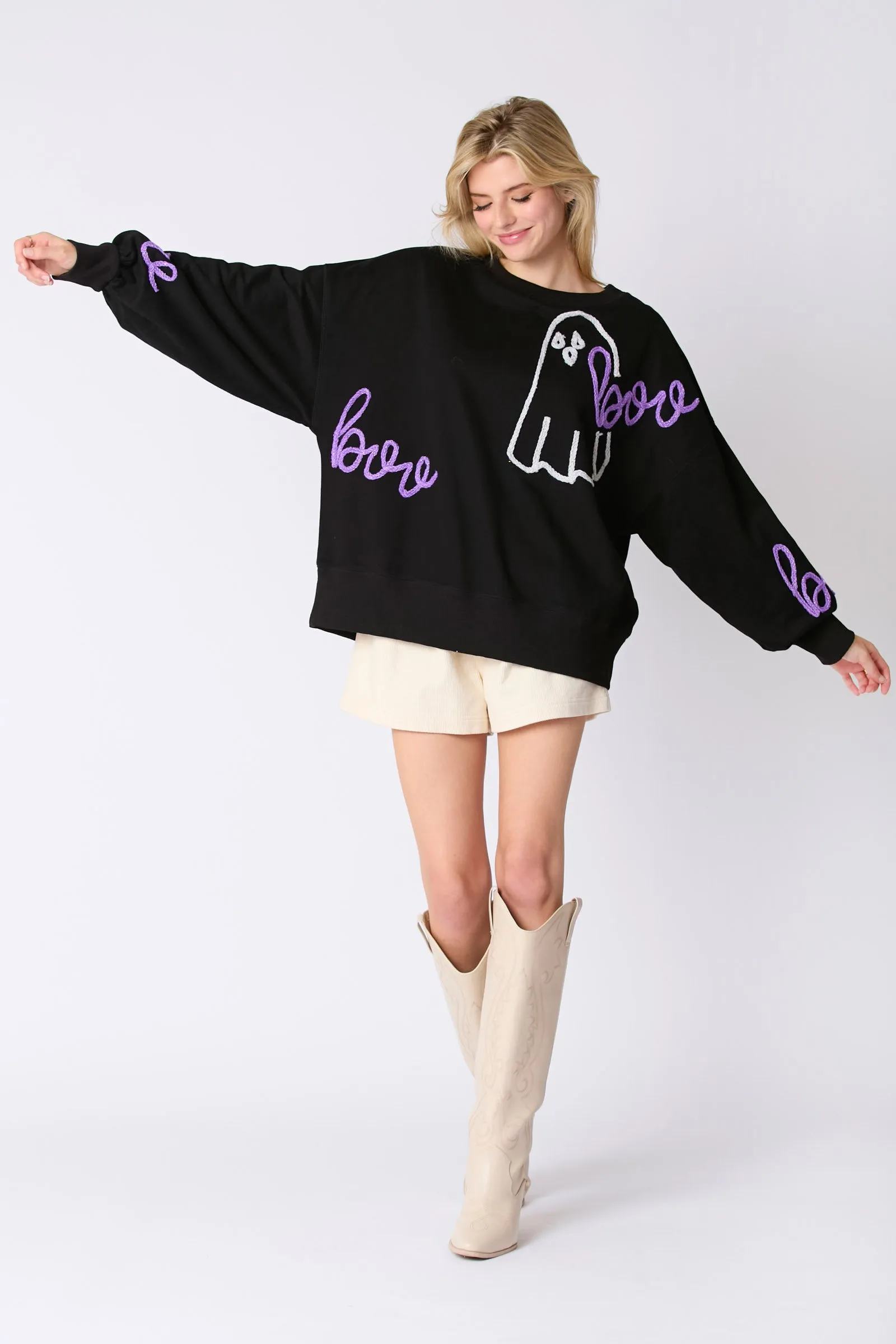 Boo & Ghost Thread Embroidery Oversized Sweatshirt