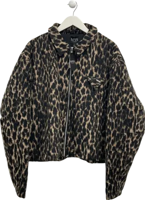 boohooMan Brown Boxy Leopard Harrington Jacket UK XL
