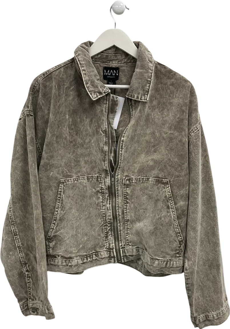 boohooMan Cream Boxy Acid Wash Corduroy Jacket UK L