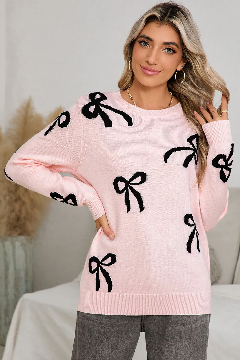 Bow Print Long Sleeve Loose Fit Sweater