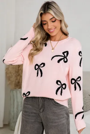 Bow Print Long Sleeve Loose Fit Sweater