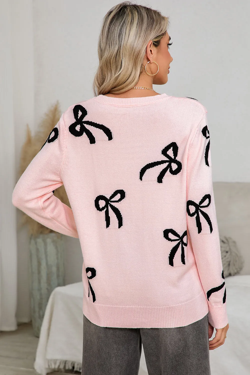 Bow Print Long Sleeve Loose Fit Sweater