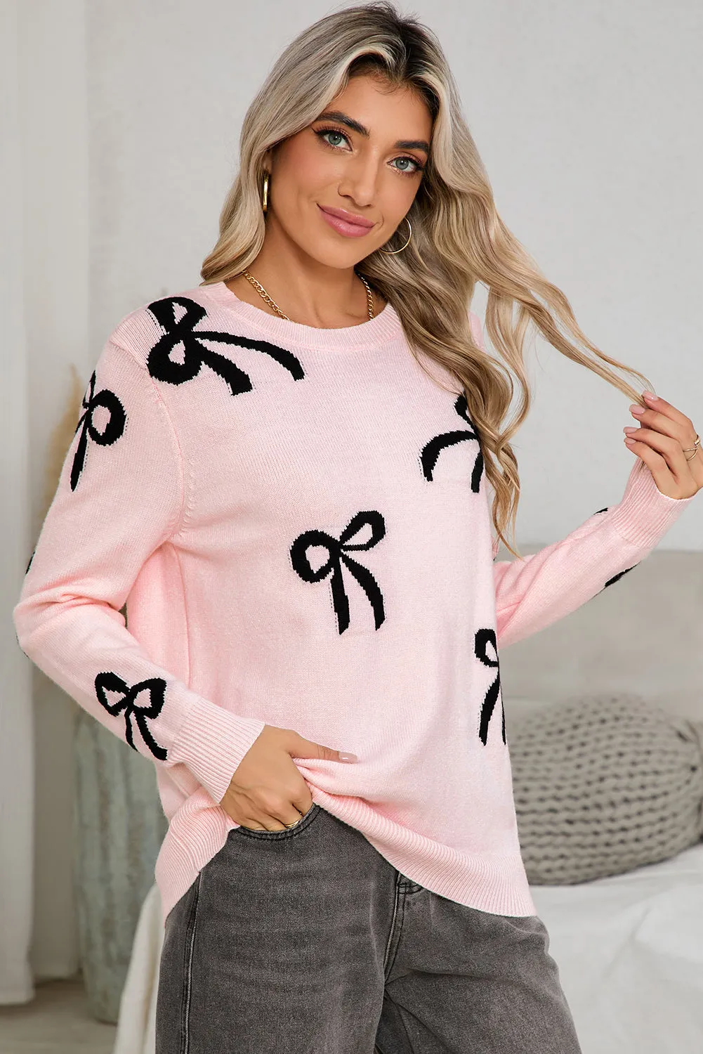 Bow Print Long Sleeve Loose Fit Sweater