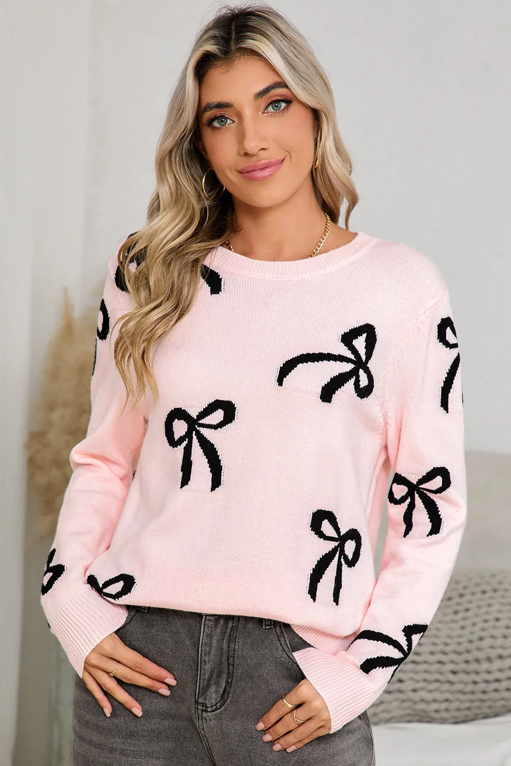 Bow Print Long Sleeve Loose Fit Sweater