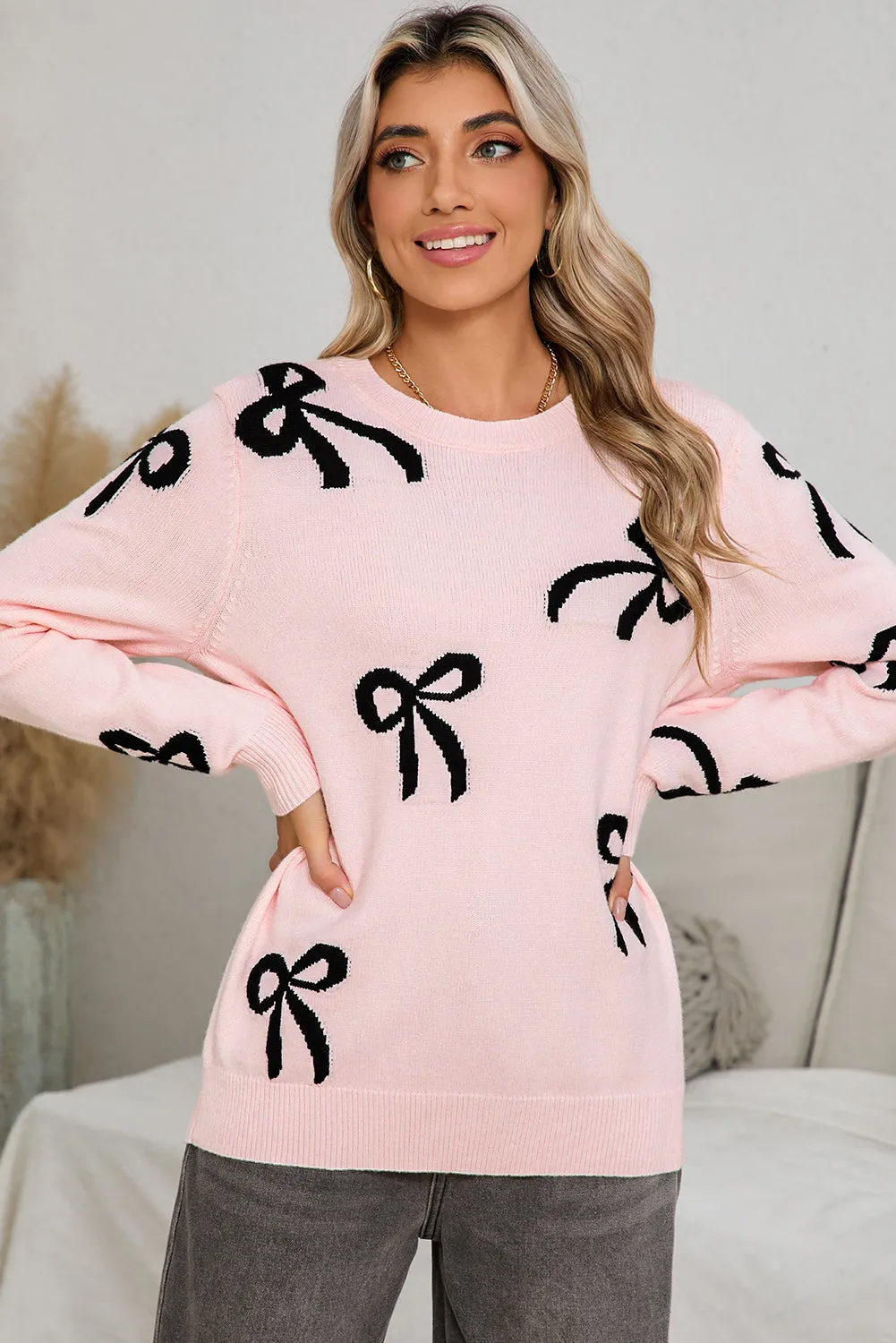 Bow Print Long Sleeve Loose Fit Sweater