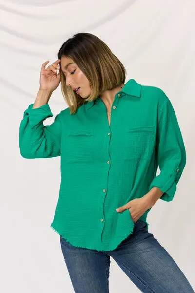 Brielle Texture Button Up Raw Hem Long Sleeve Shirt