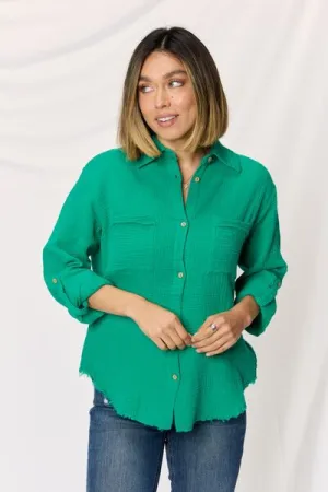 Brielle Texture Button Up Raw Hem Long Sleeve Shirt