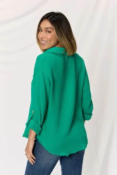Brielle Texture Button Up Raw Hem Long Sleeve Shirt