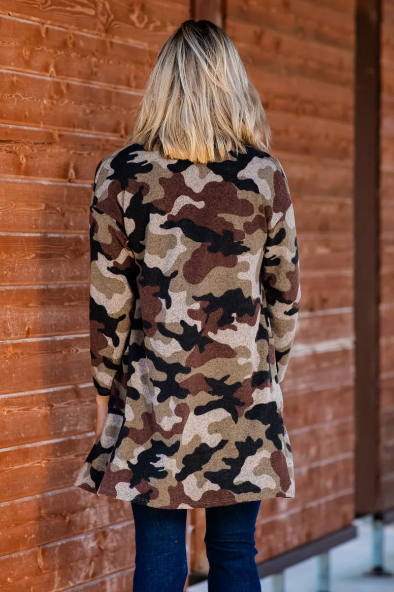 Brown and Beige Camouflage Print Cardigan
