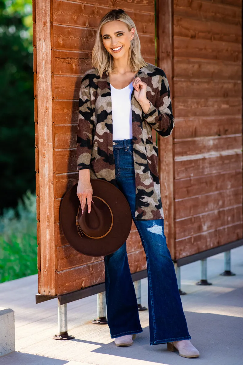 Brown and Beige Camouflage Print Cardigan