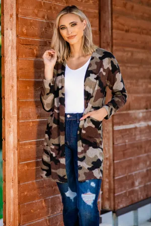 Brown and Beige Camouflage Print Cardigan