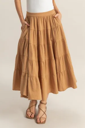 Brown Double Gauze Tiered Midi Skirt with Pockets