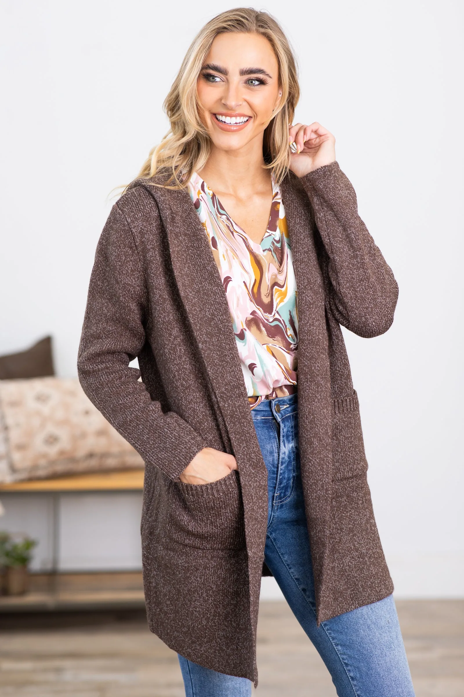 Brown Hooded Cardigan With Pockets