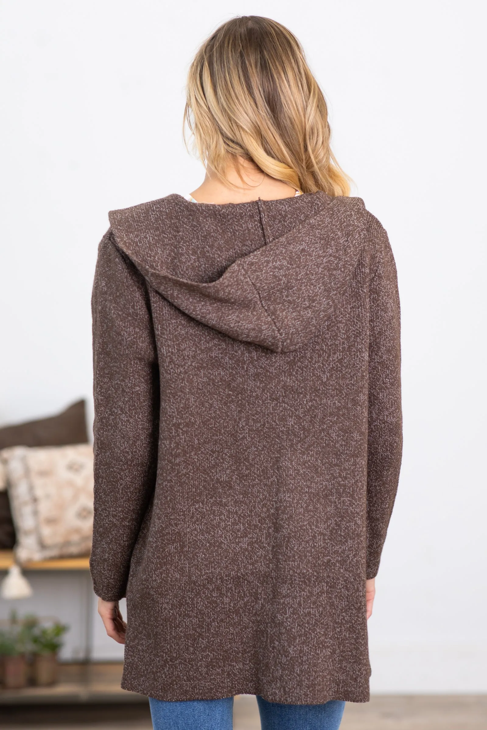 Brown Hooded Cardigan With Pockets