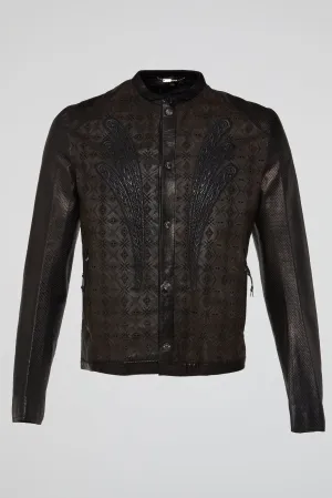 Brown Ornate Embossed Leather Jacket
