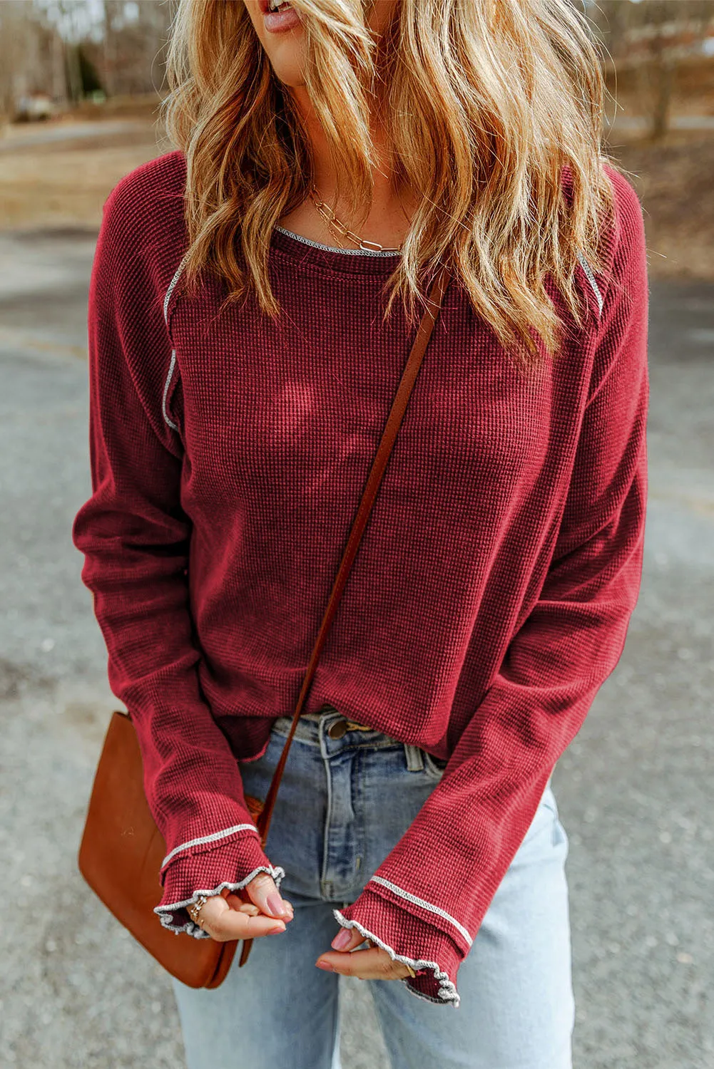 Brown Textured Round Neck Long Sleeve Top