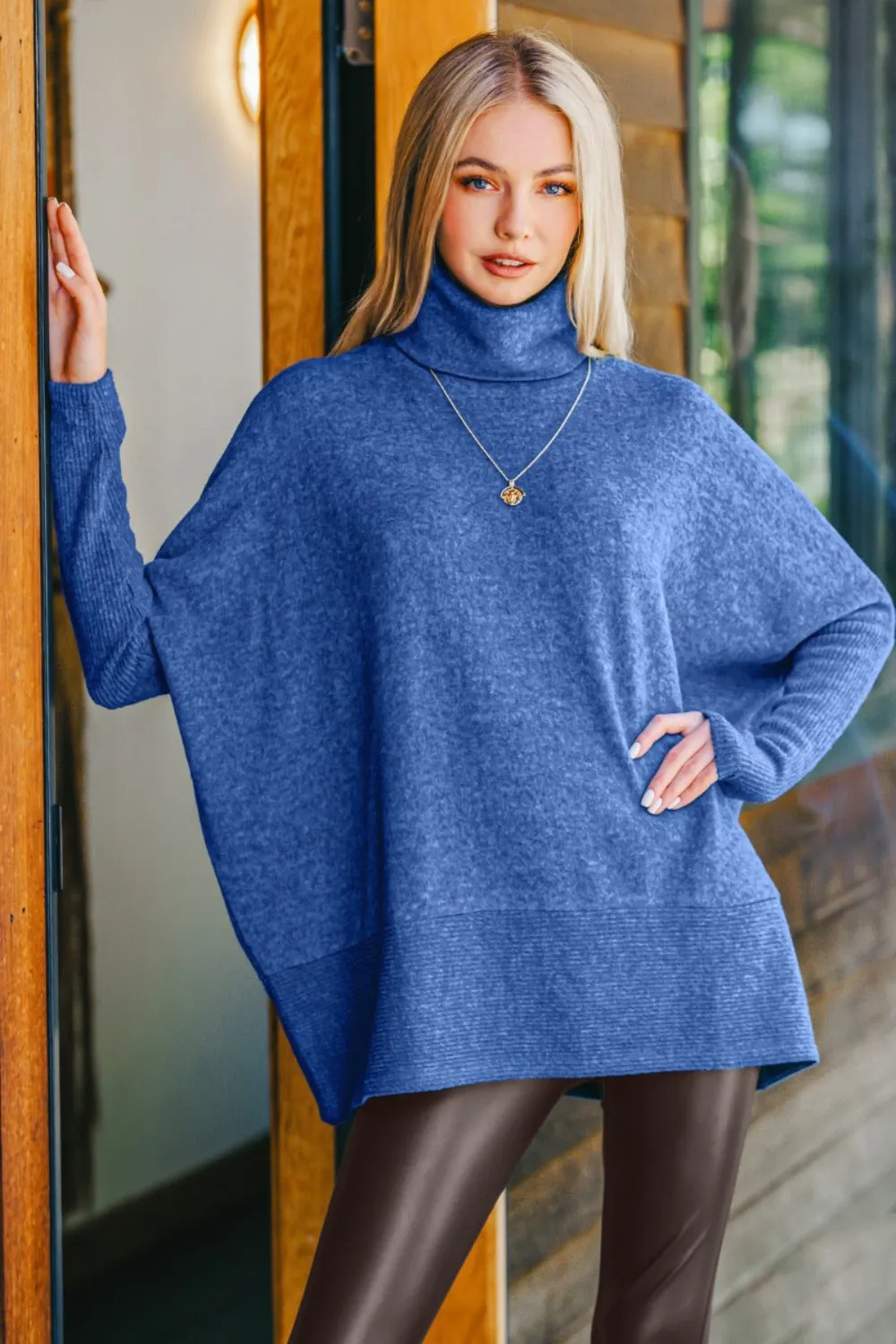 Brushed Melange Hacci Turtleneck Navy Sweater