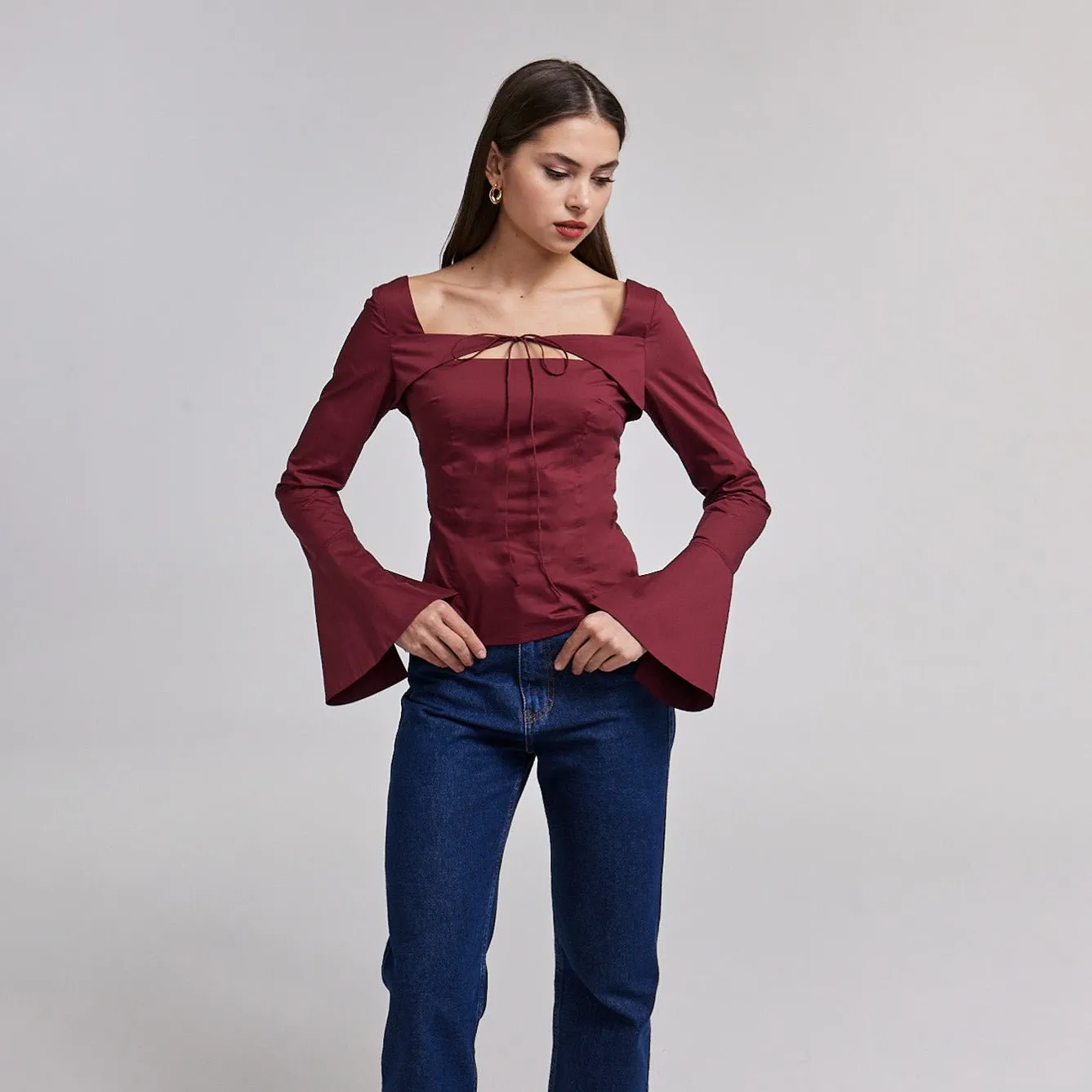 Burgundy Cotton Square Neck Long Sleeve Top