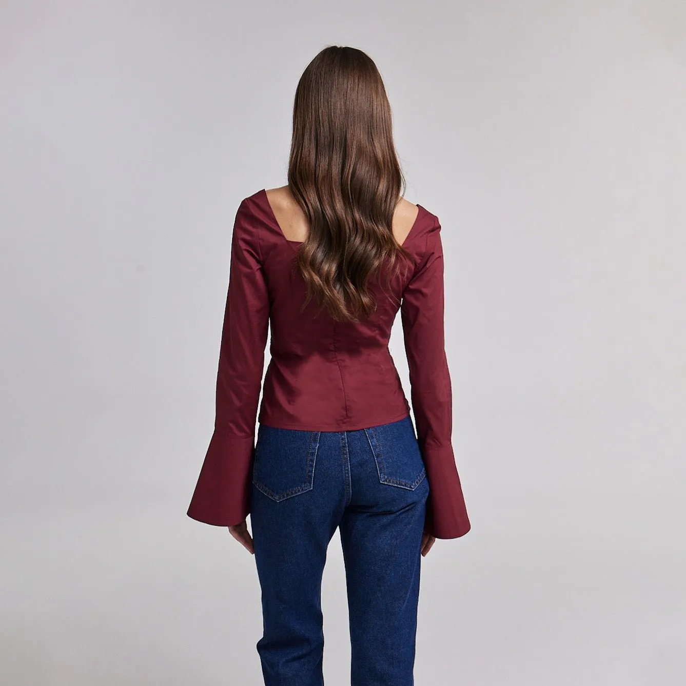 Burgundy Cotton Square Neck Long Sleeve Top