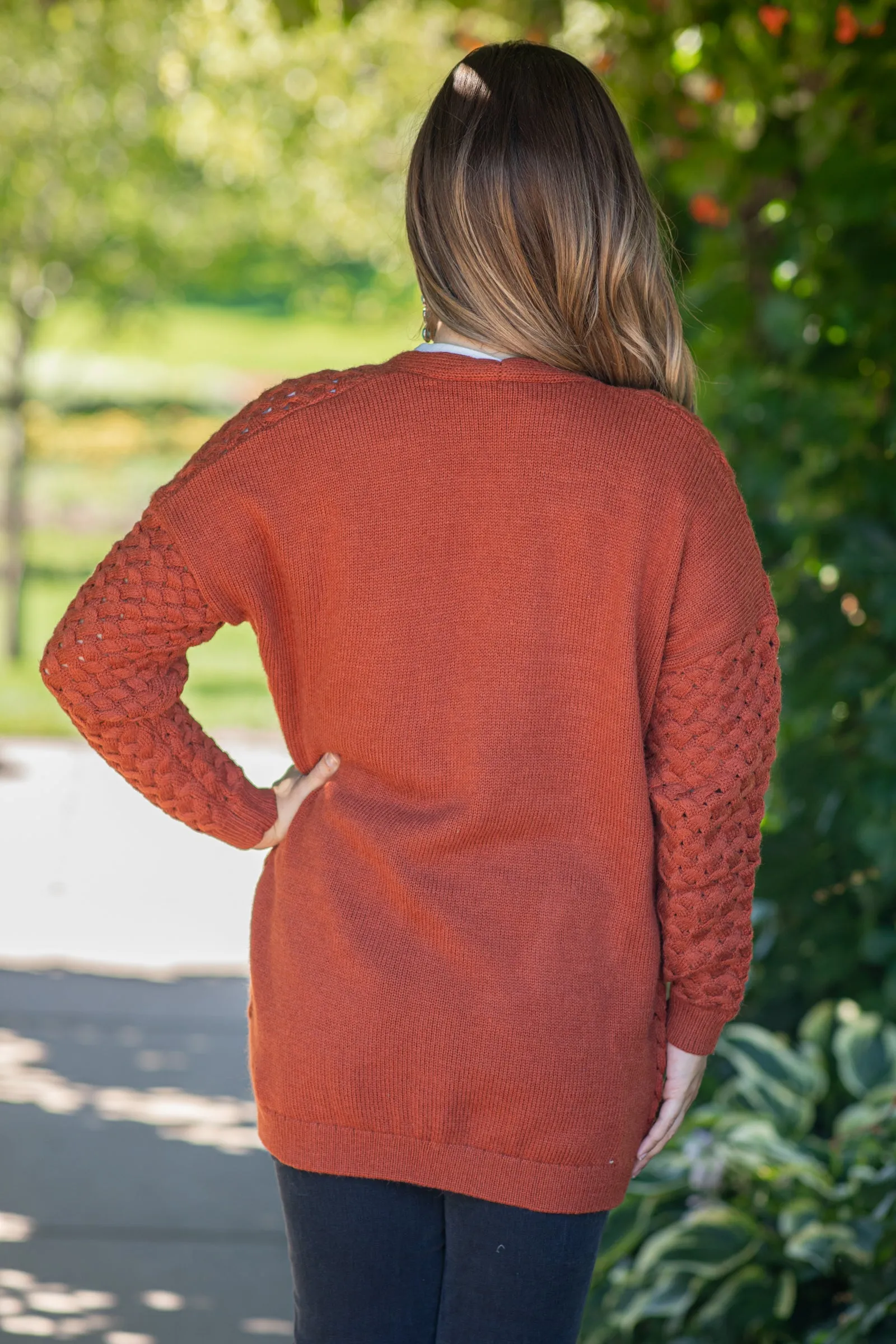 Burnt Orange Textured Knit Mid Length Cardigan