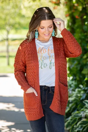 Burnt Orange Textured Knit Mid Length Cardigan