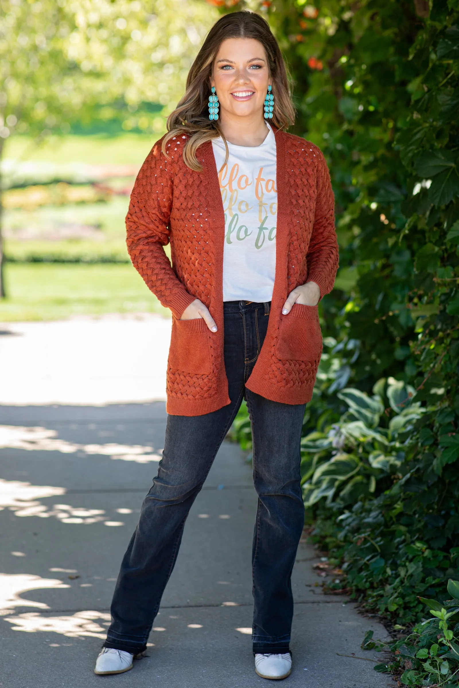 Burnt Orange Textured Knit Mid Length Cardigan