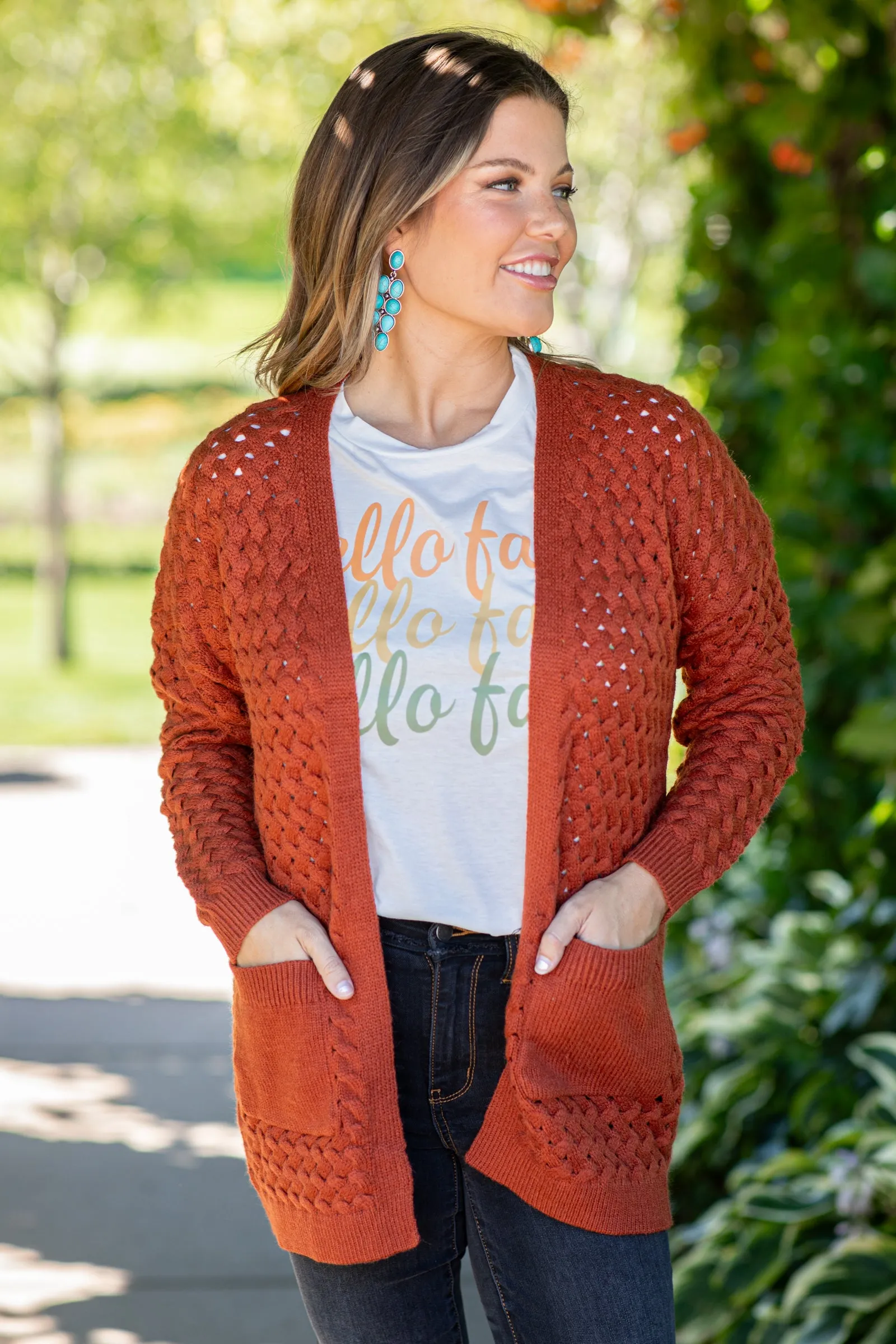 Burnt Orange Textured Knit Mid Length Cardigan