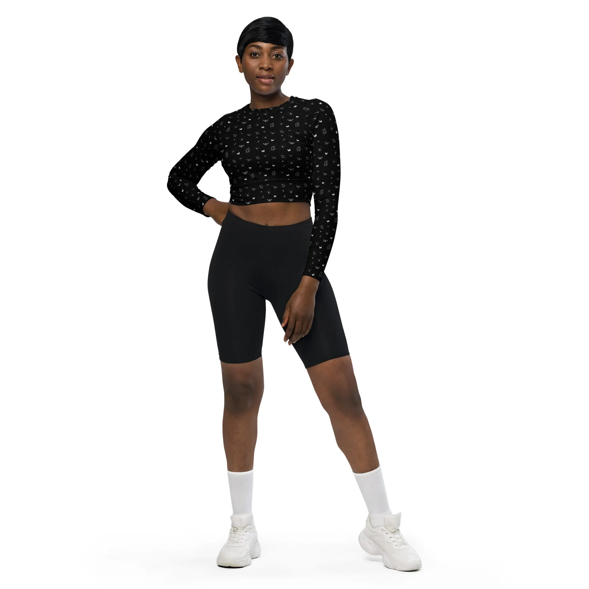 Butterfly Print Crop Top | Black | UPF 50  | Made from Recycled Materials