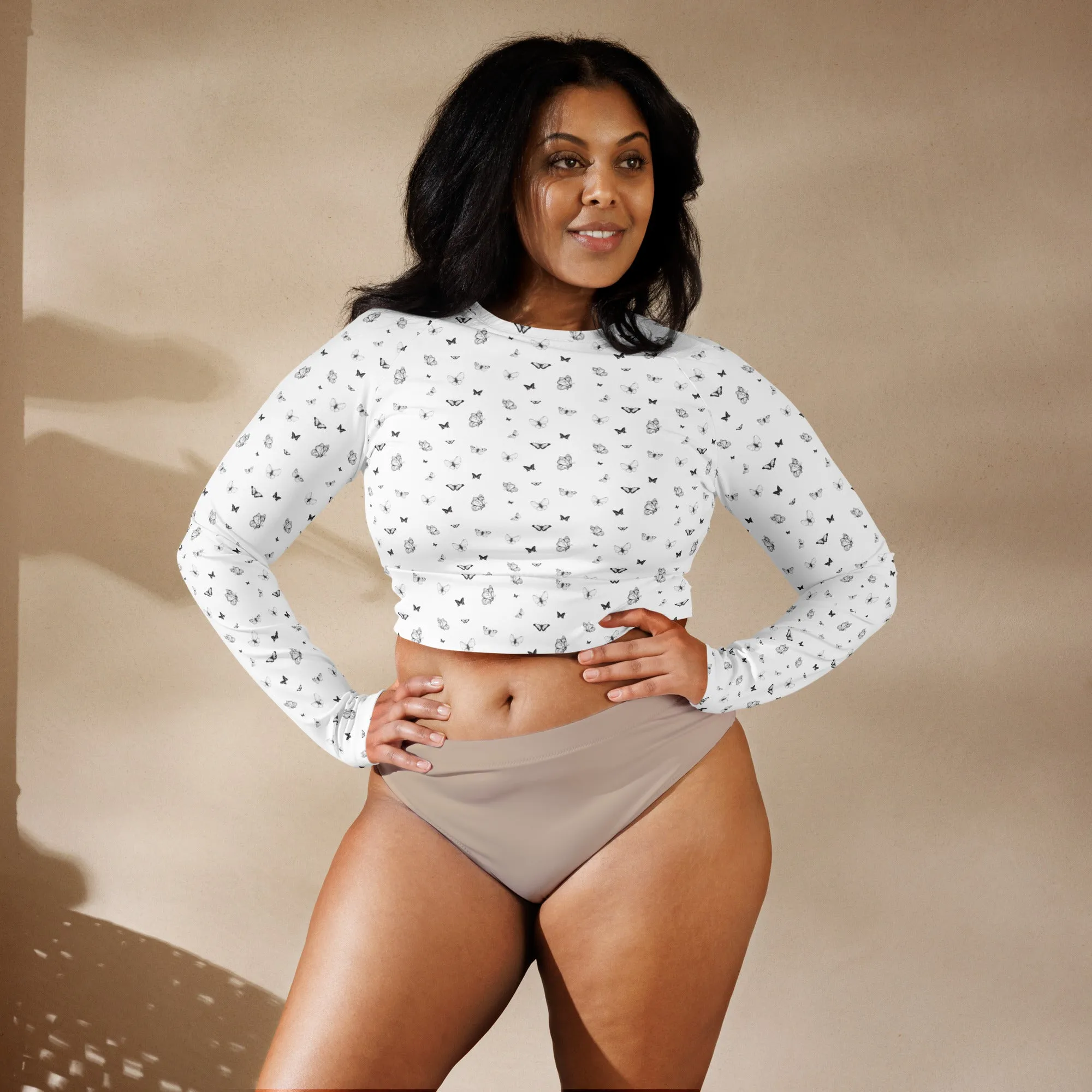 Butterfly Print Crop Top | White | UPF 50  | Made from Recycled Materials
