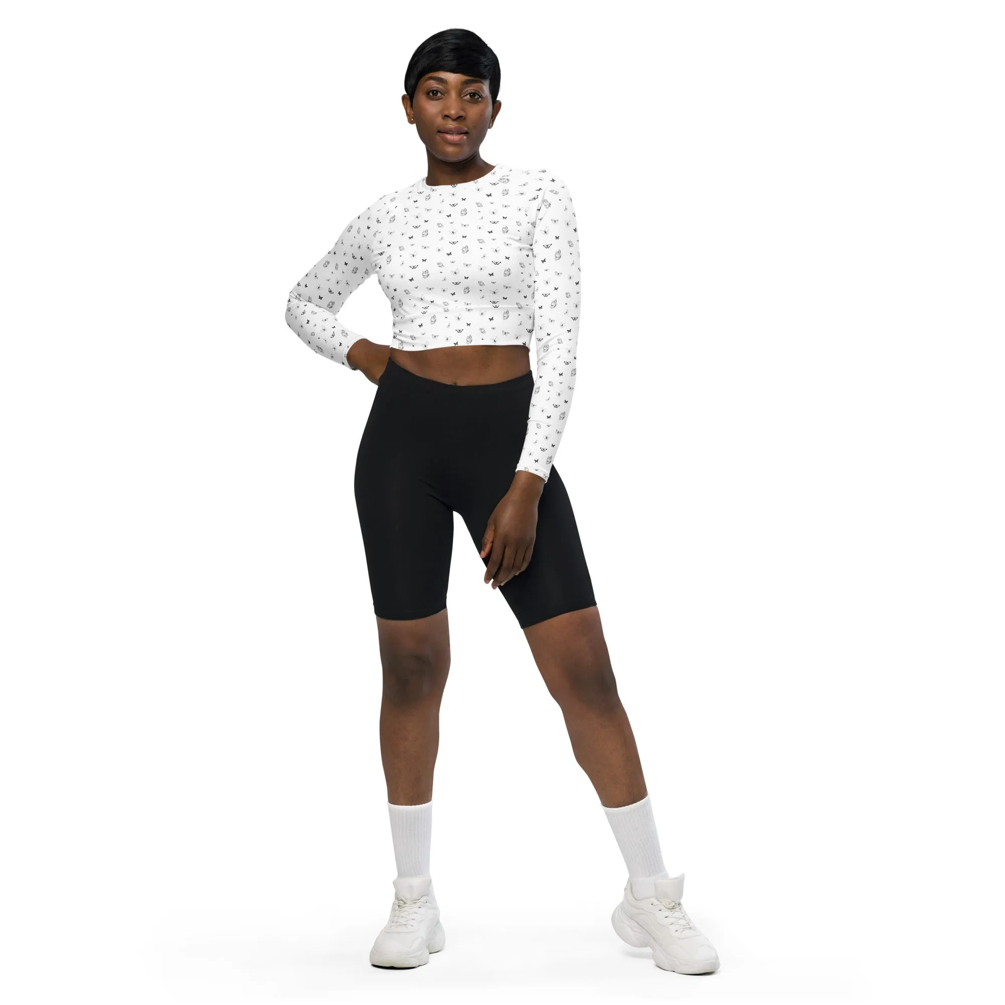 Butterfly Print Crop Top | White | UPF 50  | Made from Recycled Materials