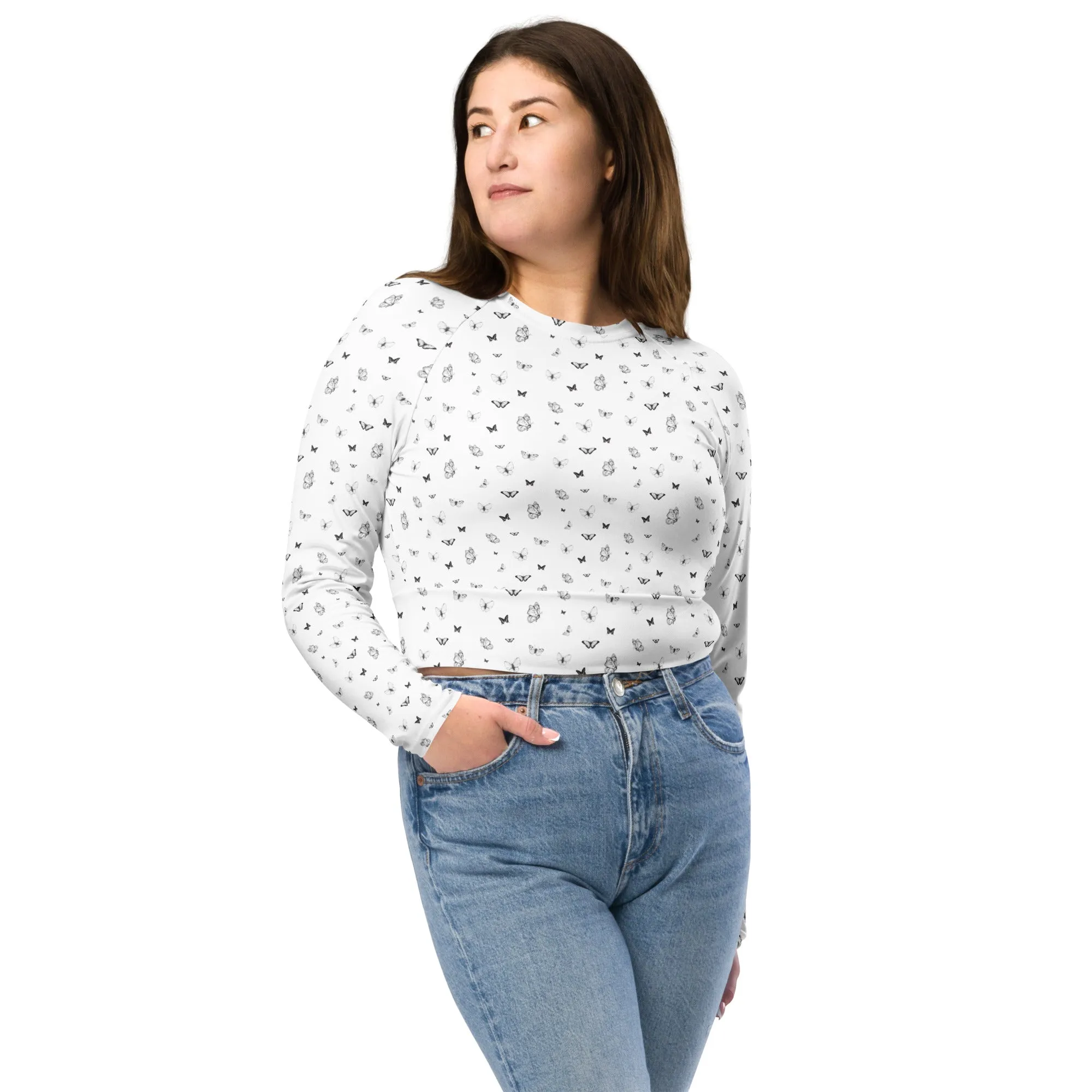 Butterfly Print Crop Top | White | UPF 50  | Made from Recycled Materials